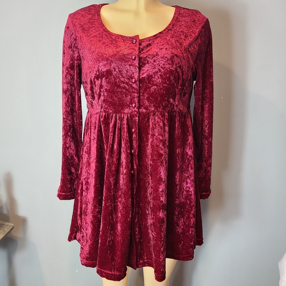 90s Red Burgundy Crushed Velvet Babydoll Dress Sz Small Renaissance Whimsigoth‎